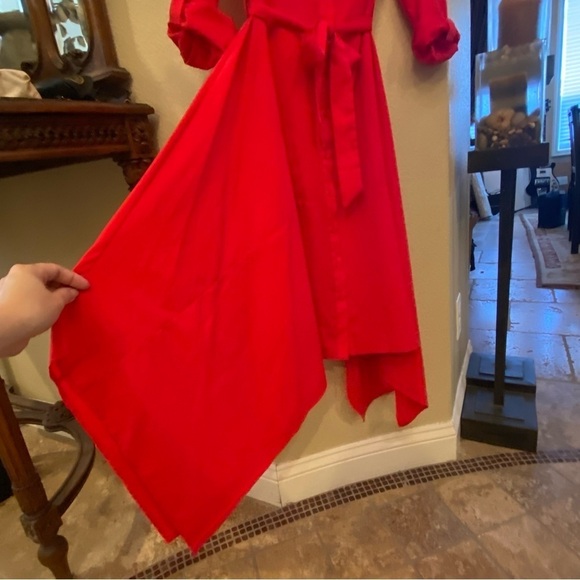 TOPSHOP Women Red Button Asymmetrical Tie Waist Dress Size 2 - Picture 3 of 8
